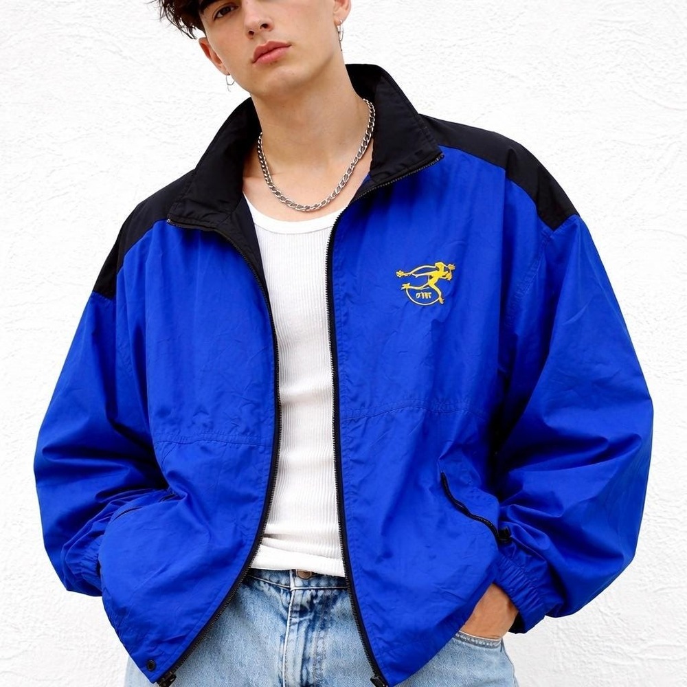 VTG 90s Dunbrooke Pit Row Colorblock Windbreaker XL‎ Blue Vented Embroidered